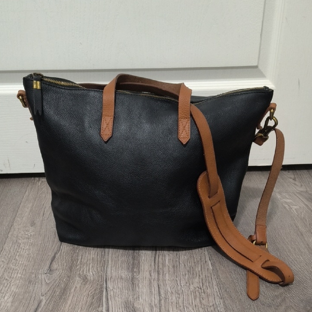 Madewell Black Leather Shoulder Bag with Tan Trim